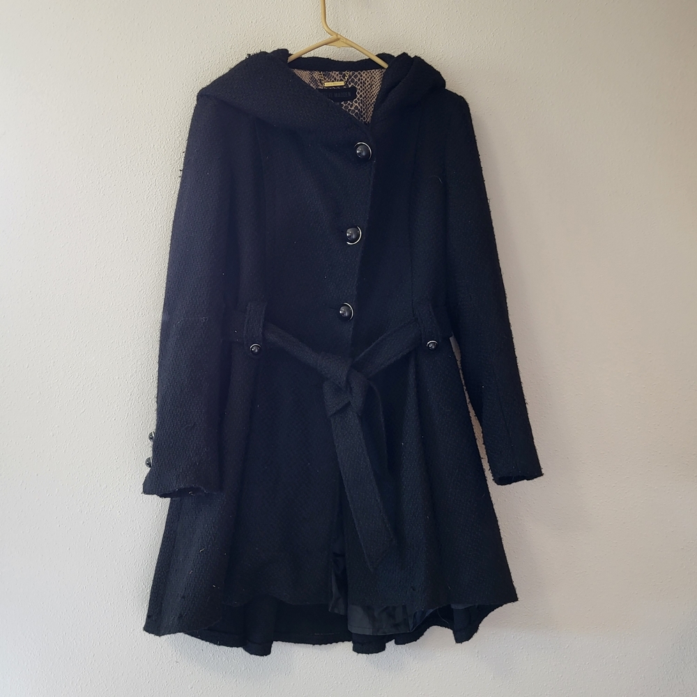 Steve Madden Black Hooded Belted Trench Coat